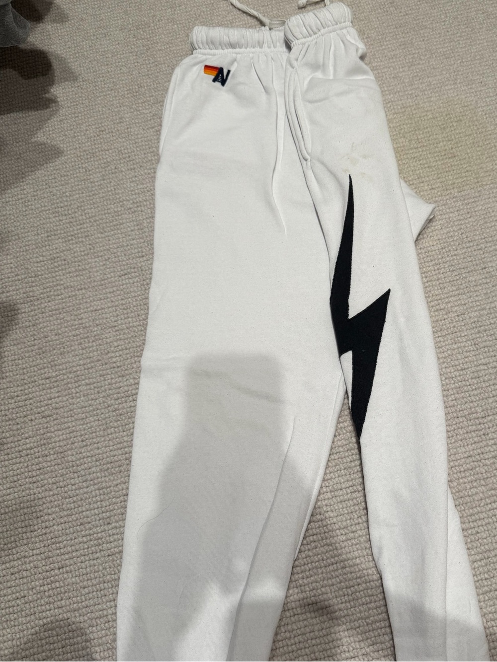Aviator Nation White Sweatpants with Black Lightning Bolt Accent